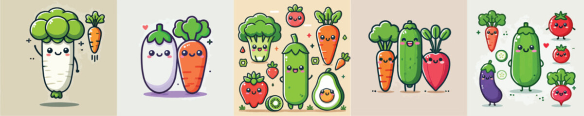 Vector collection of cute vegetables and fruits