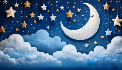 Naklejka premium Dreamy children’s photo backdrop of a soft blue night sky with bright stars, a smiling moon, and fluffy clouds for playful settings