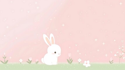 Obraz premium A dreamy minimalist illustration of a bunny in a soft pink pastel setting, surrounded by sparkles, hearts, and subtle gradient colors, conveying a sense of peace and comfort, 8k UHD, suitable 