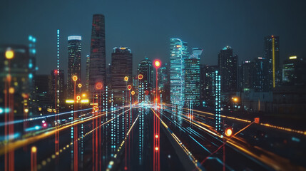 Fototapeta premium Smart Innovation city with connection cyber security network reciprocity over the night cityscape future wireless digital city and social media networking systems that connects people in the city
