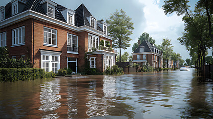 Obraz premium Flooded residential street with elegant brick houses partially submerged in murky water.