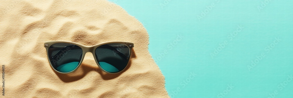Poster stylish sunglasses resting on sand with turquoise background for summer mockup design. generative ai