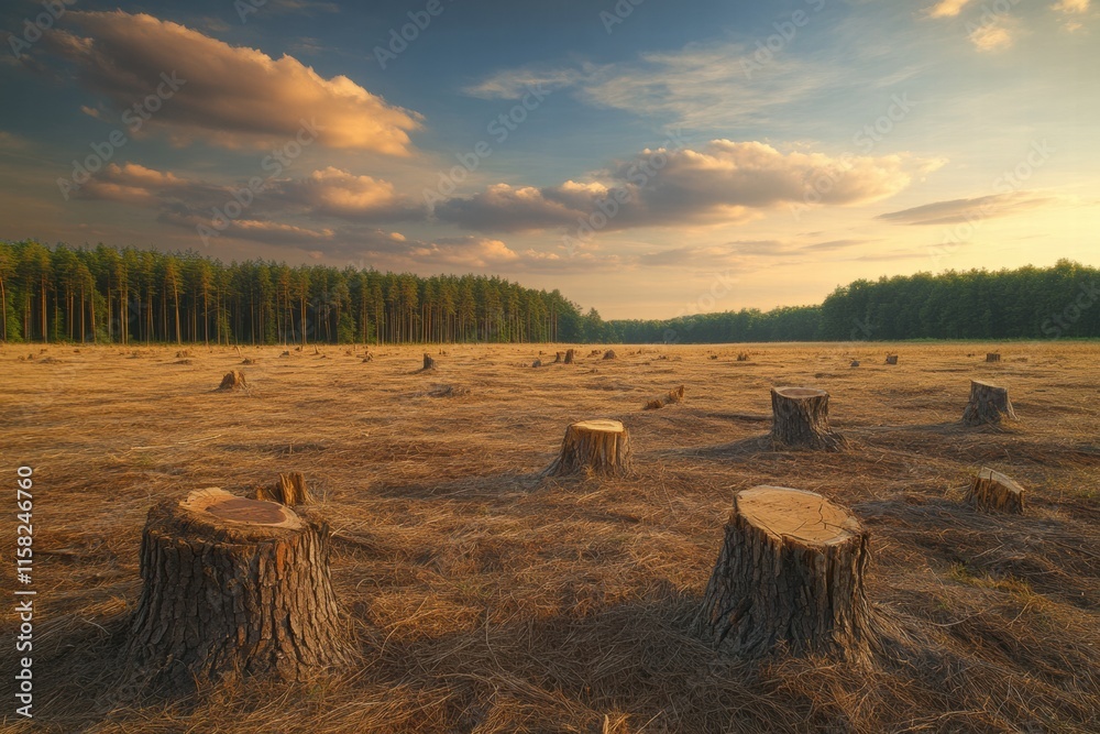 Aufkleber deforested landscape with tree stumps under a cloudy sky at sunset in a clearing. generative ai