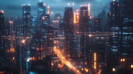 Obraz premium Smart Innovation city with connection cyber security network reciprocity over the night cityscape future wireless digital city and social media networking systems that connects people in the city