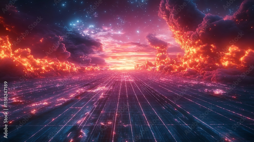Poster a vibrant digital landscape featuring glowing clouds and a reflective surface under a cosmic sky.