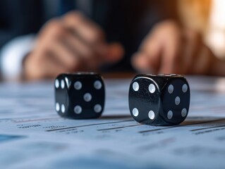 Black dice on financial documents representing risk and strategy