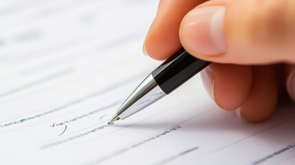 Hand Holding Pen on Document with White Background