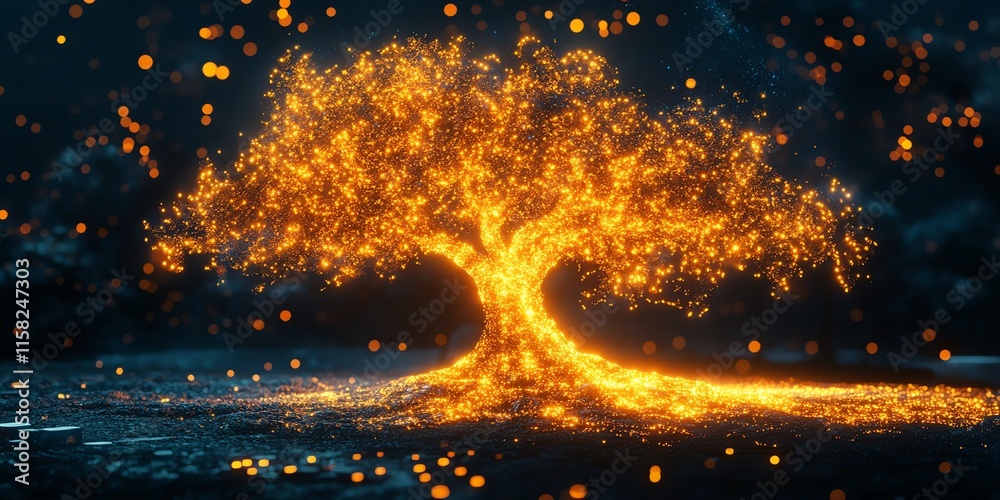 Poster a glowing tree made of light and particles, symbolizing life and energy.