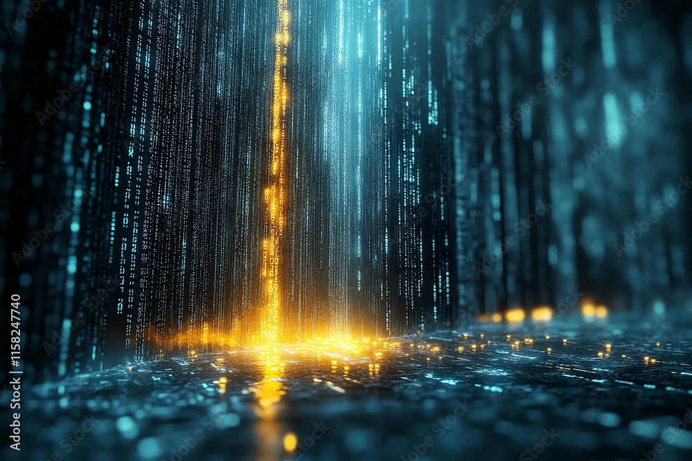Aufkleber A digital scene depicting cascading binary code with glowing elements, symbolizing technology.
