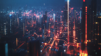 Obraz premium Smart Innovation city with connection cyber security network reciprocity over the night cityscape future wireless digital city and social media networking systems that connects people in the city