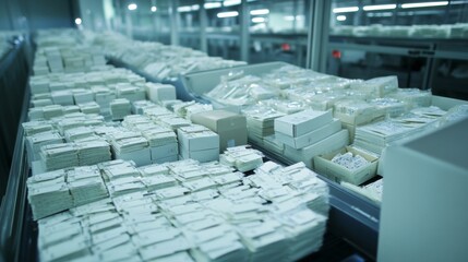 Fototapeta premium Mail sorting facility with automated machinery efficiently processing and organizing large volumes of mail, showcasing the importance of technology in modern logistics and postal services.
