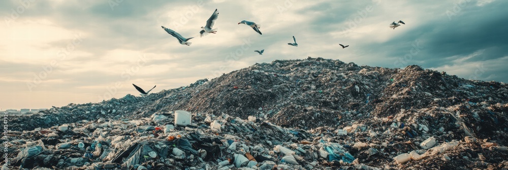 Poster Seagulls soaring over a massive landfill with ample space for text and design elements. Generative AI