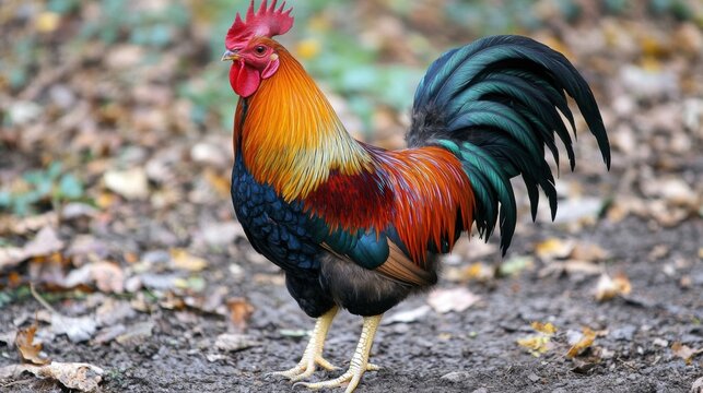 Proud Rooster Displaying Vibrant Feathers on Surface