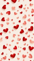Romantic pattern with falling red and pink hearts on light background