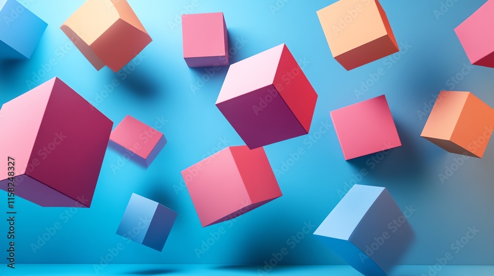 Poster Colorful floating cubes in a vibrant blue background create a dynamic visual effect.