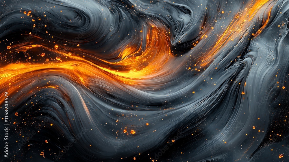 Poster abstract swirling patterns of black and orange resembling molten lava.