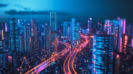Fototapeta premium Smart Innovation city with connection cyber security network reciprocity over the night cityscape future wireless digital city and social media networking systems that connects people in the city