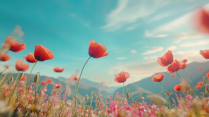 Fototapeta premium A vibrant field of red poppy flowers against a serene blue sky and mountains.