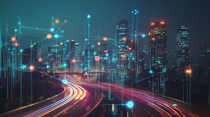 Fototapeta premium Smart Innovation city with connection cyber security network reciprocity over the night cityscape future wireless digital city and social media networking systems that connects people in the city