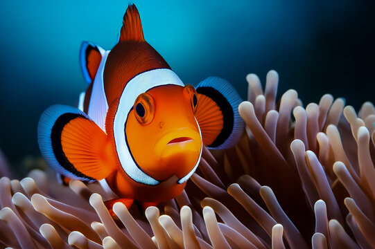 Ein Clownfisch zwischen Anemonen in seiner nat&uuml;rlichen Umgebung
