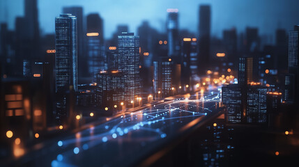 Fototapeta premium Smart Innovation city with connection cyber security network reciprocity over the night cityscape future wireless digital city and social media networking systems that connects people in the city
