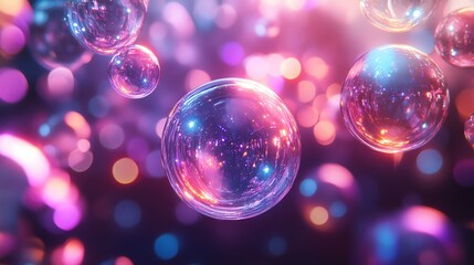 Colorful bubbles floating in a dreamy, abstract background of vibrant lights.