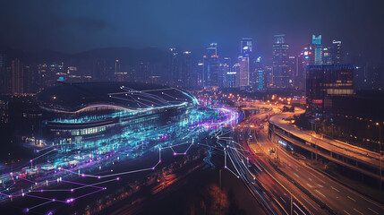 Smart Innovation city with connection cyber security network reciprocity over the night cityscape future wireless digital city and social media networking systems that connects people in the city