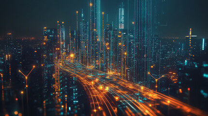 Obraz premium Smart Innovation city with connection cyber security network reciprocity over the night cityscape future wireless digital city and social media networking systems that connects people in the city