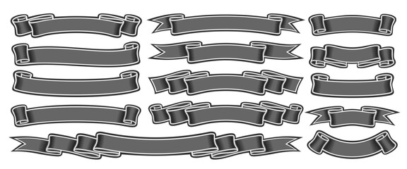 Vector Ribbon Banners Set, collection of isolated outline illustrations horizontal banners for ad slogan, group of 14 different gray ribbons with copy space for advertising offer on white background