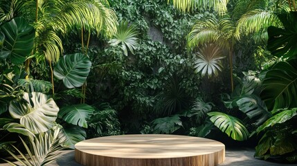 Lush tropical foliage surrounds a wooden display podium.