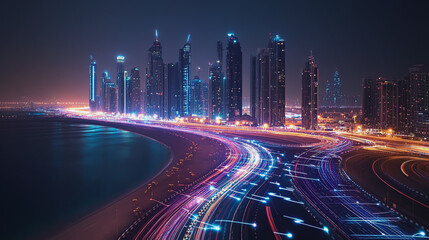 Smart Innovation city with connection cyber security network reciprocity over the night cityscape future wireless digital city and social media networking systems that connects people in the city