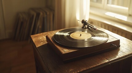 A vintage record player on a wooden table, softly illuminated by natural light.