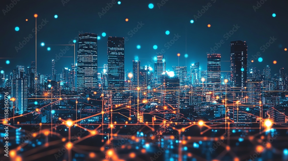 Poster A futuristic cityscape illuminated with digital connections and data points.