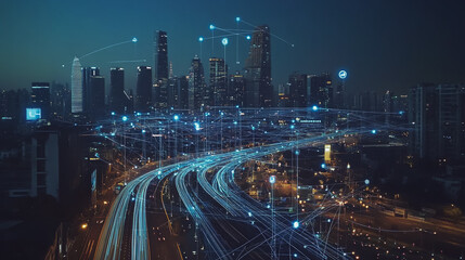 Obraz premium Smart Innovation city with connection cyber security network reciprocity over the night cityscape future wireless digital city and social media networking systems that connects people in the city