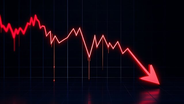 Crisis and bearish market concept with perspective view on digital graphic falling red arrow on dark technological background.
