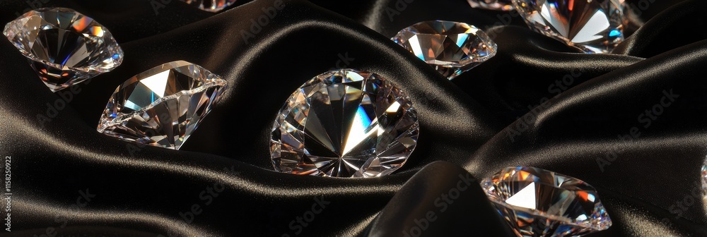 Fototapete Sparkling diamonds arranged elegantly on a dark smooth fabric with ample space for text placement and product display. Generative AI