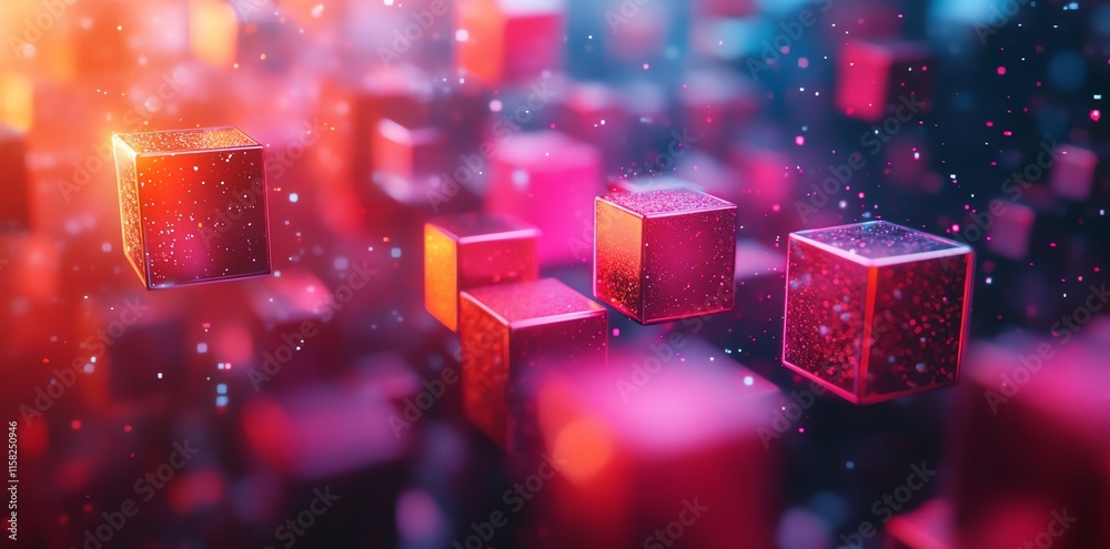 Poster A vibrant abstract scene of floating cubes with glowing effects in a digital space.