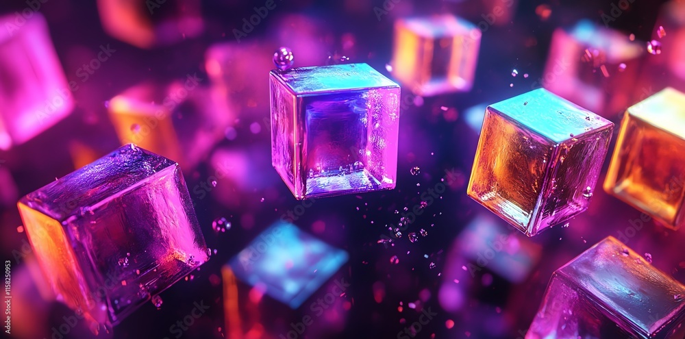 Poster Colorful translucent cubes floating in a dark, vibrant space with bubbles.
