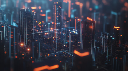 Obraz premium Smart Innovation city with connection cyber security network reciprocity over the night cityscape future wireless digital city and social media networking systems that connects people in the city