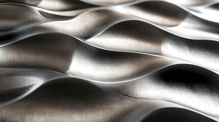 Naklejka premium Metallic Wavy Abstract Texture: A close-up, macro shot of a metallic surface with a rippling, wavy pattern. The abstract design creates a sense of movement and depth, perfect for modern, industrial.