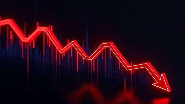Crisis and bearish market concept with perspective view on digital graphic falling red arrow on dark technological background.