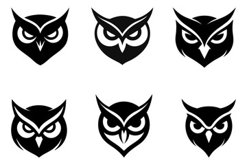 Six stylized owl head logos, perfect for branding or graphic design projects.