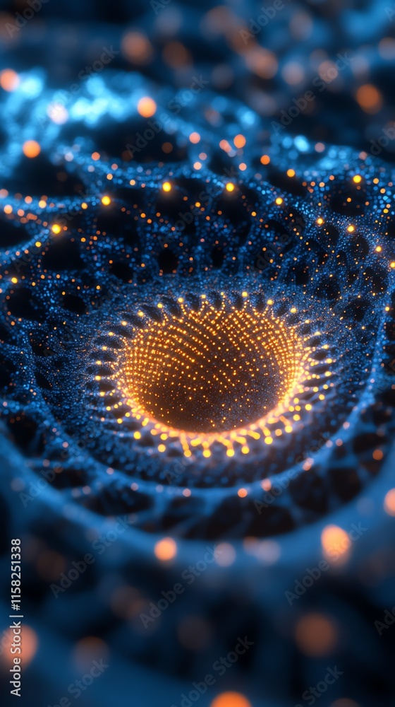 Poster a vibrant, abstract depiction of swirling patterns and glowing orbs in a digital landscape.