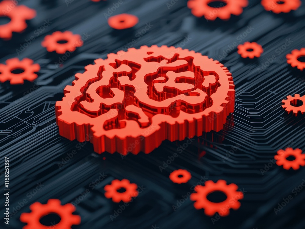 Aufkleber Red brain and gears representing artificial intelligence on circuit board
