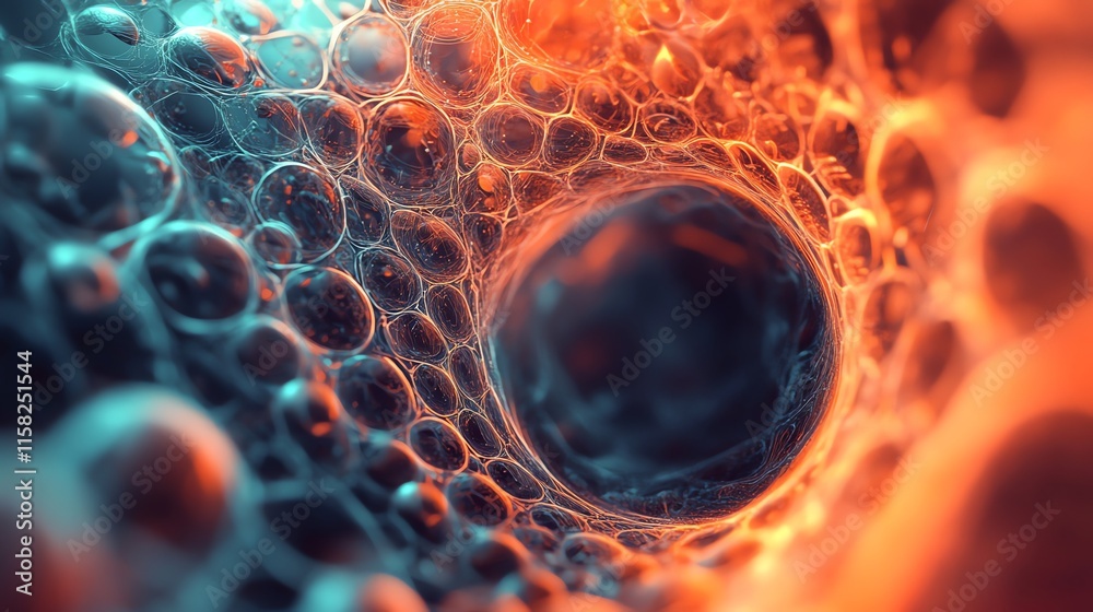 Aufkleber a close-up view of interconnected bubbles and fibers, resembling a cellular structure.