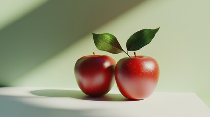 Two shiny red apples with green leaves on a minimalistic background.