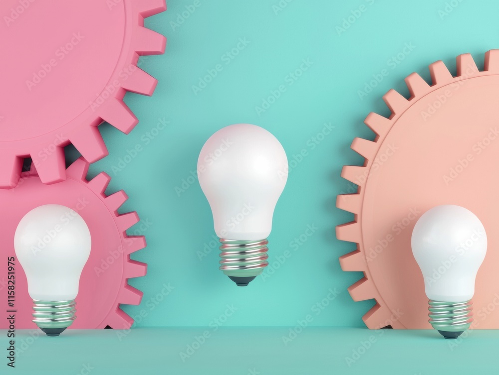 Poster Light bulbs and gears generating innovative ideas in brainstorming session