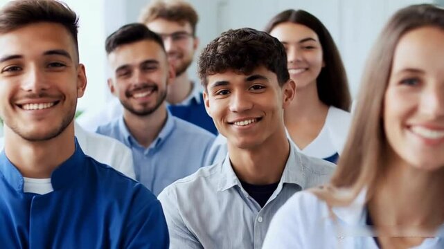 Many different professions. Happy people portraits mix. Lot smiling workers look camera. Joy employee team work. Staff faces serie. Various job montage. Young adult guy girl group. Man race diverse.