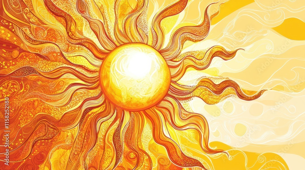 Poster bright sun with whimsical pancake like rays shining in a vibrant yellow background. generative ai