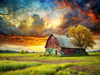 Obraz premium Abstract grunge background: weathered rural landscape, aged paint, rustic farmland texture.